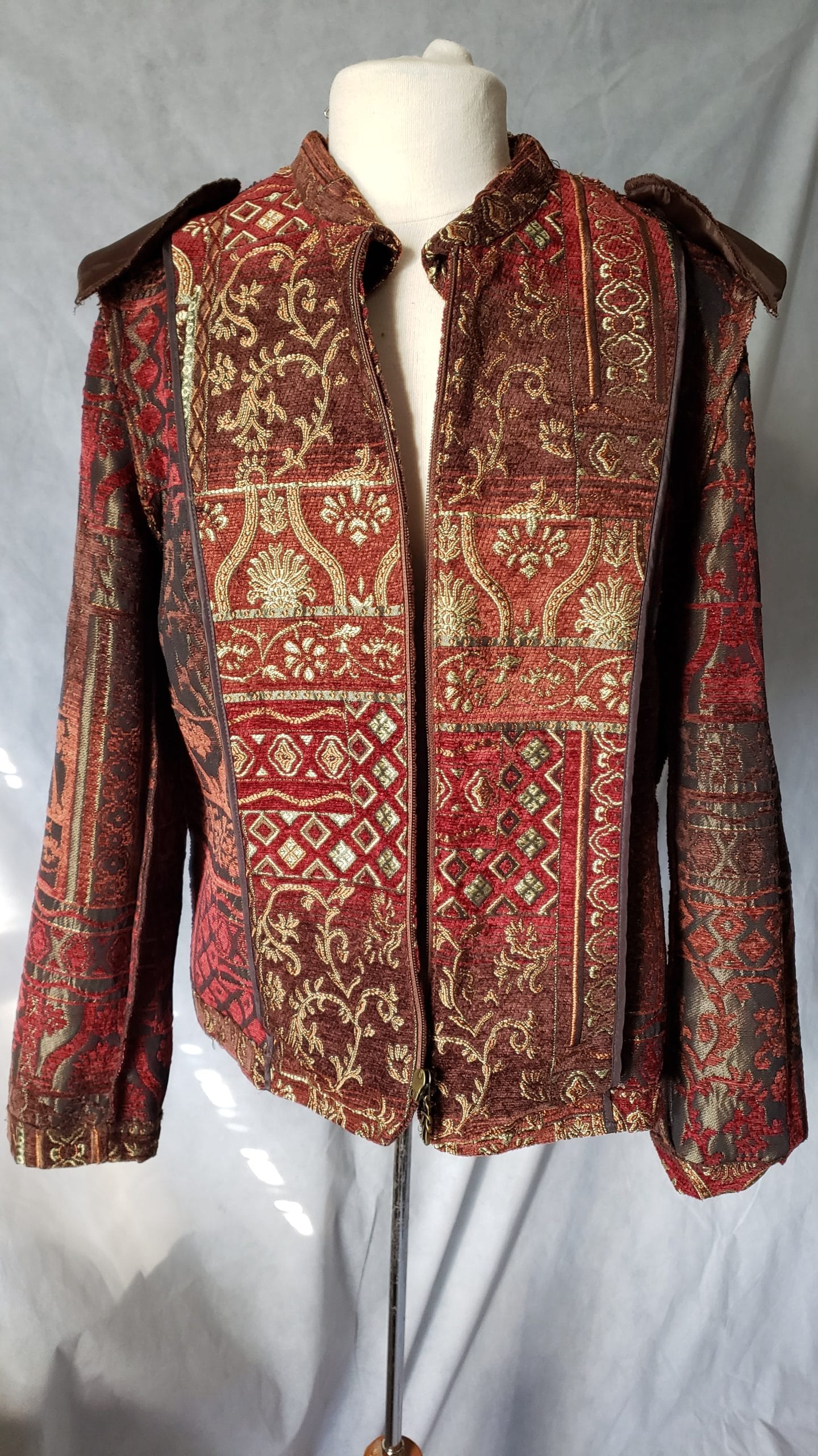 Renaissance Embroidered Jacket Collared Red Brocade Gold Zipper Blazer Women L - Image 17