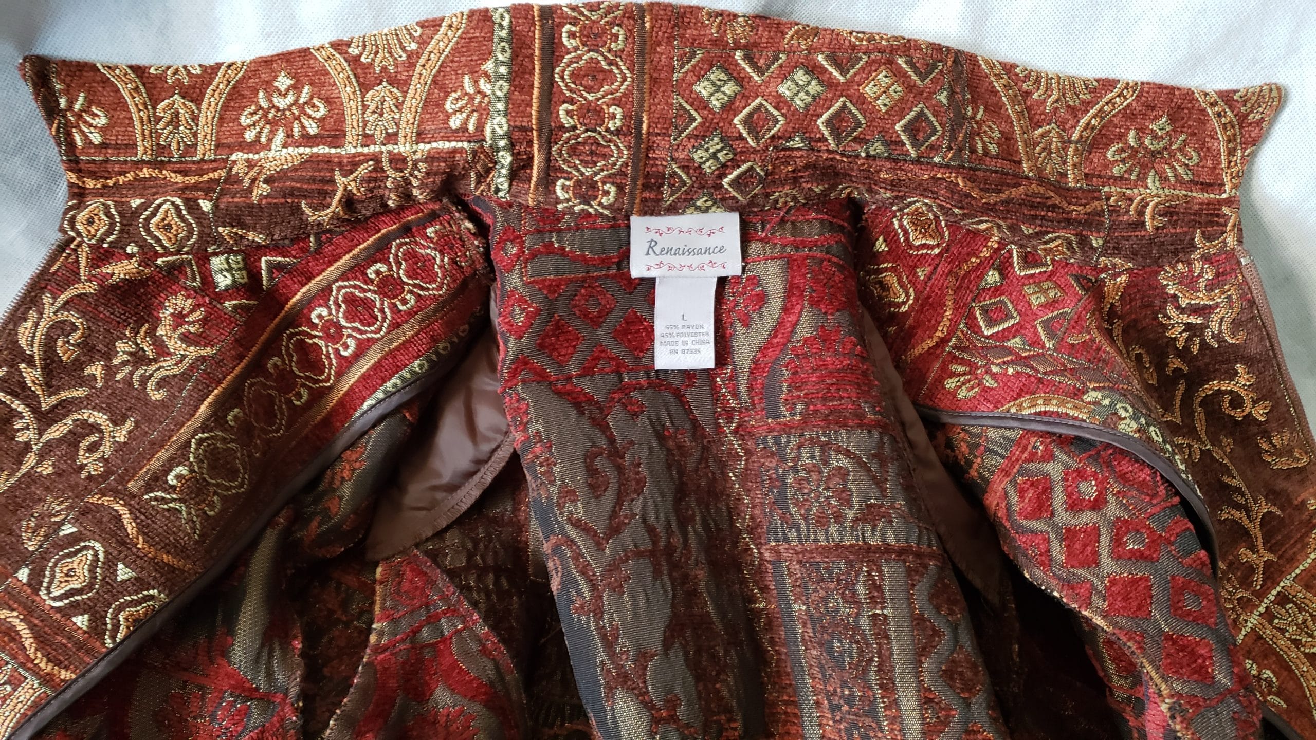 Renaissance Embroidered Jacket Collared Red Brocade Gold Zipper Blazer Women L - Image 5