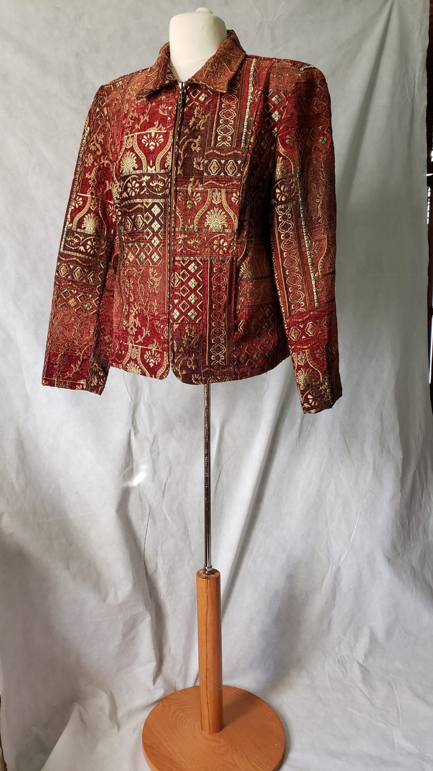 Renaissance Embroidered Jacket Collared Red Brocade Gold Zipper Blazer Women L - Image 7