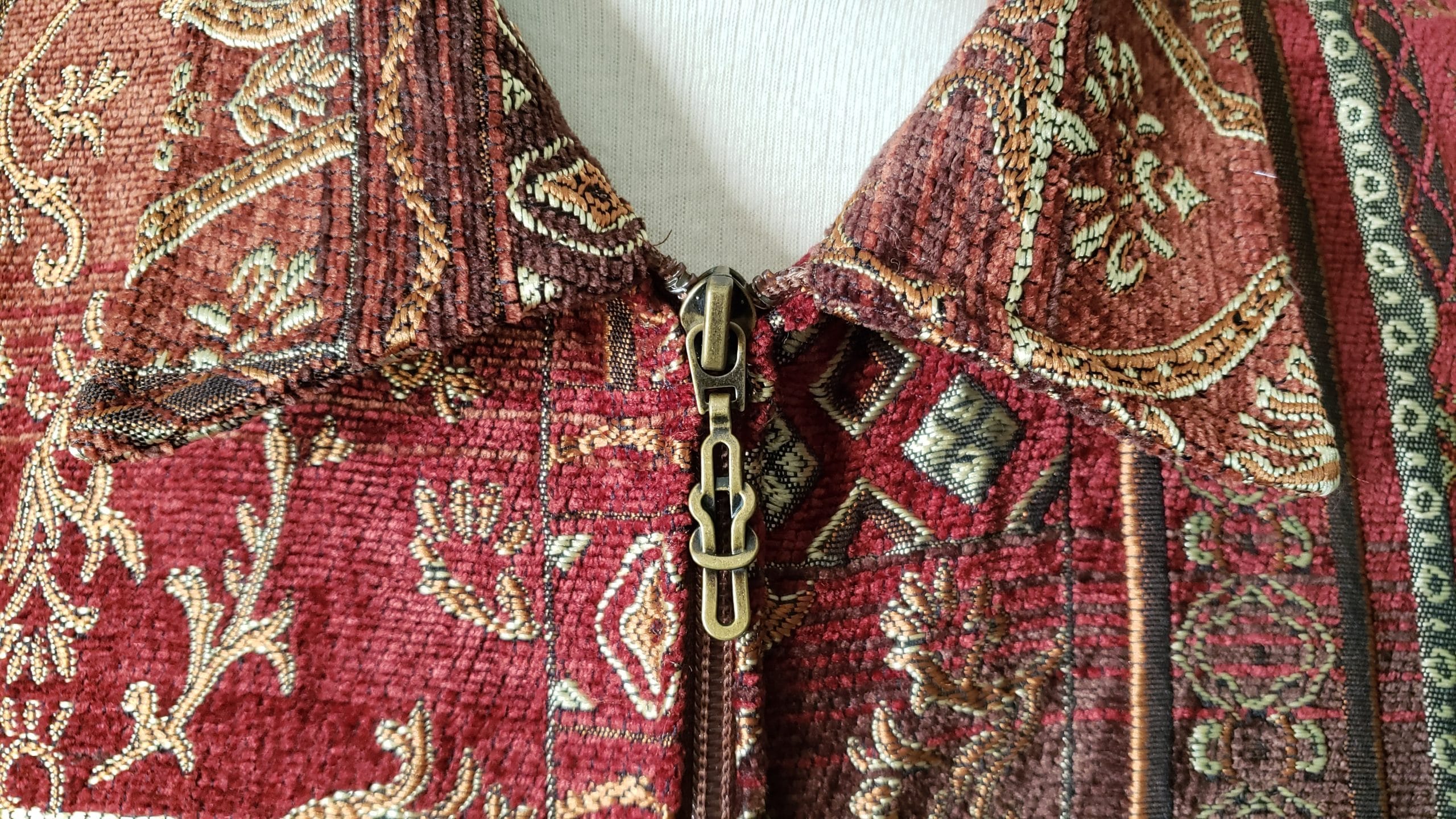 Renaissance Embroidered Jacket Collared Red Brocade Gold Zipper Blazer Women L - Image 9