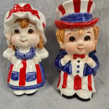 Vintage Lefton Children Uncle Sam Betsy Ross Coin Money Piggy Bank Ceramic Patriotic Character Figurines as 1976 Bicentennial Kids