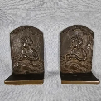 Antique Solid Bronze Matching Vintage Bookends Art Deco Girl Under Old English Tree